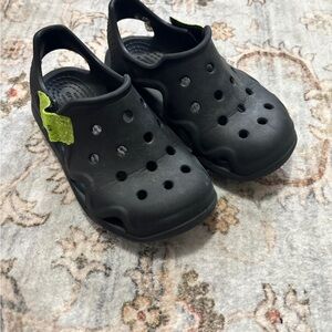 CROCS Kids Black Water Shoes with Green Strap